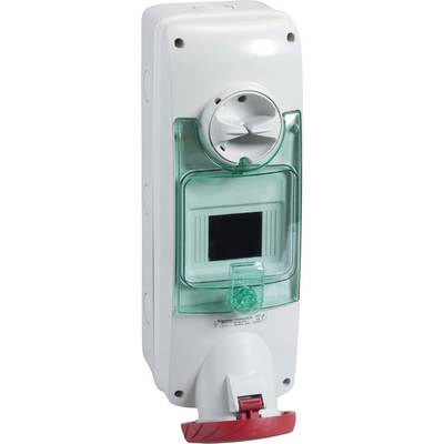 Un interrupteur de protection rectangulaire blanc avec un bouton rouge en bas et une fenêtre de visualisation verte au centre.
