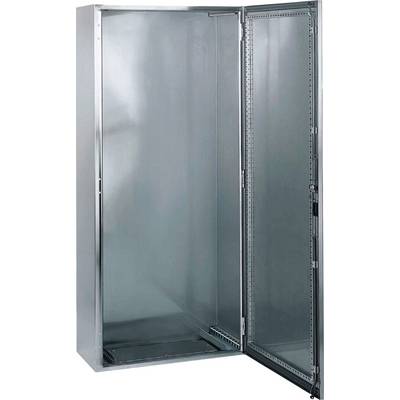 Un armoire métallique ouverte et vide avec une porte vitrée, adaptée aux applications industrielles ou techniques, révèle sa structure intérieure.