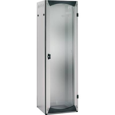 Un armoire réseau métallique avec porte vitrée et coins noirs, adaptée au stockage sécurisé des serveurs et des équipements réseau.