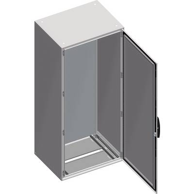 Un armoire métallique haute et ouverte avec une porte s'ouvrant vers la droite. L'intérieur présente deux étagères.