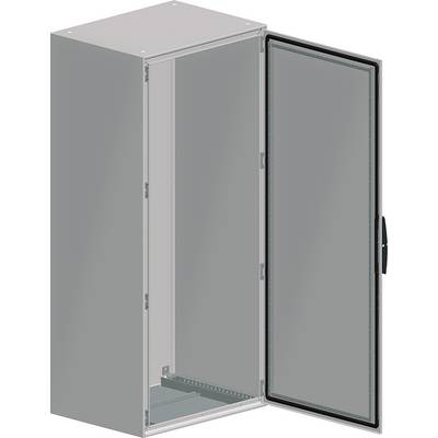 Armoire métallique avec porte vitrée ouverte, montrant un intérieur vide. Utilisée pour le rangement ou le montage électronique.