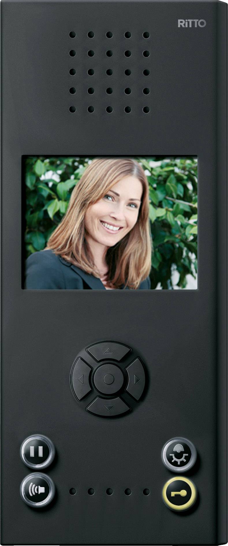 Image d'un interphone vidéo moderne noir avec un écran sur lequel une personne sourit.