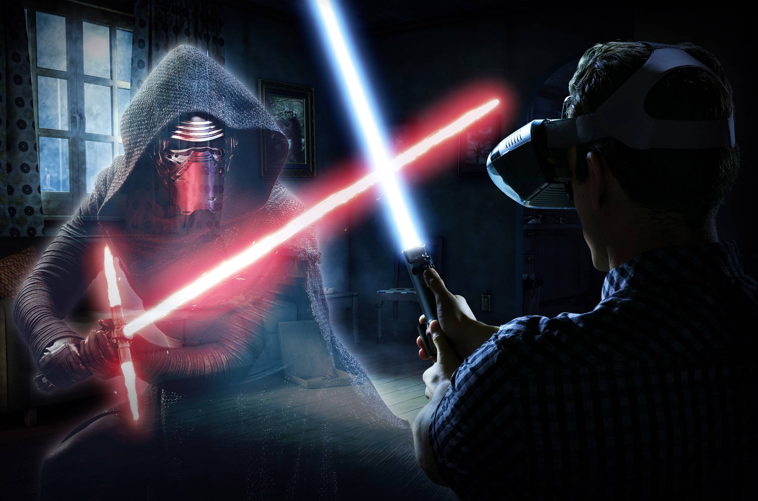 Personne portant un casque de réalité virtuelle combattant dans un espace virtuel avec des sabres laser. À gauche : Porteur de sabre laser rouge vêtu d'une robe sombre.