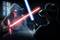 Personne portant un casque de réalité virtuelle combattant dans un espace virtuel avec des sabres laser. À gauche : Porteur de sabre laser rouge vêtu d'une robe sombre.