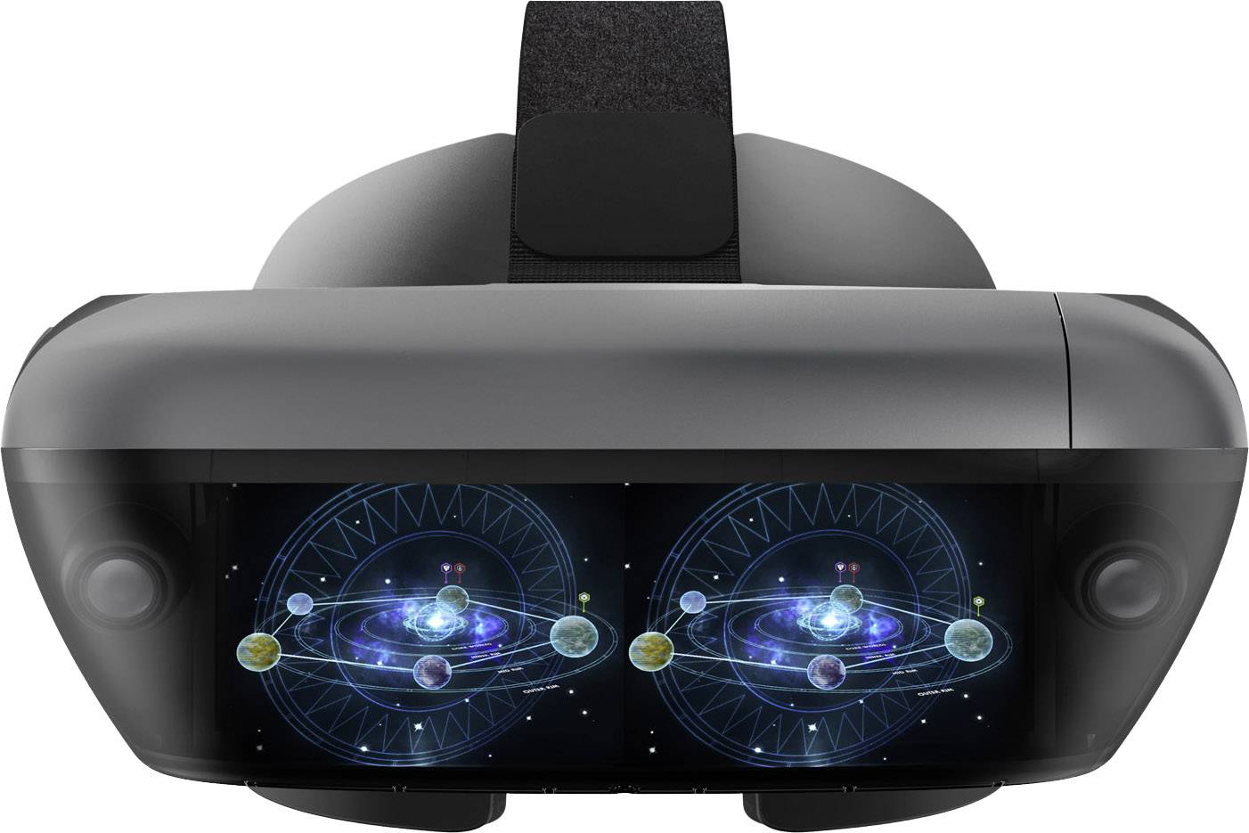 Lunettes de réalité virtuelle avec deux représentations circulaires cosmiques sur les lentilles, simulant un univers interactif.