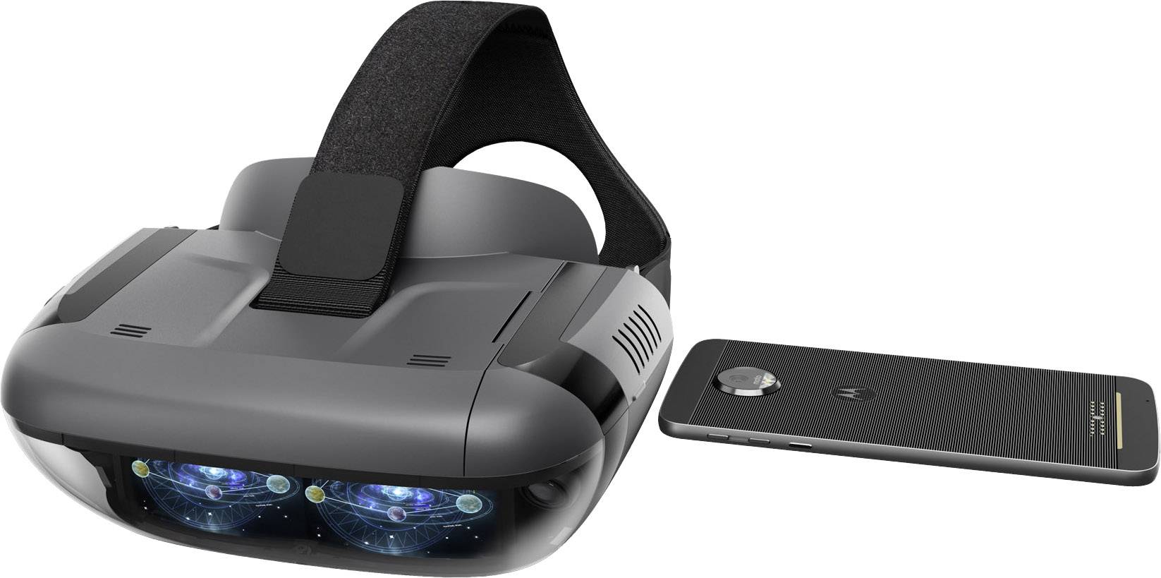 Casque de réalité virtuelle et smartphone côte à côte. Le casque dispose de deux lentilles transparentes qui affichent des représentations de l'espace.