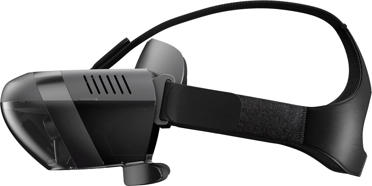 Casque VR noir avec bandeau réglable, vu de côté. Il présente une surface lisse et des fentes de ventilation.