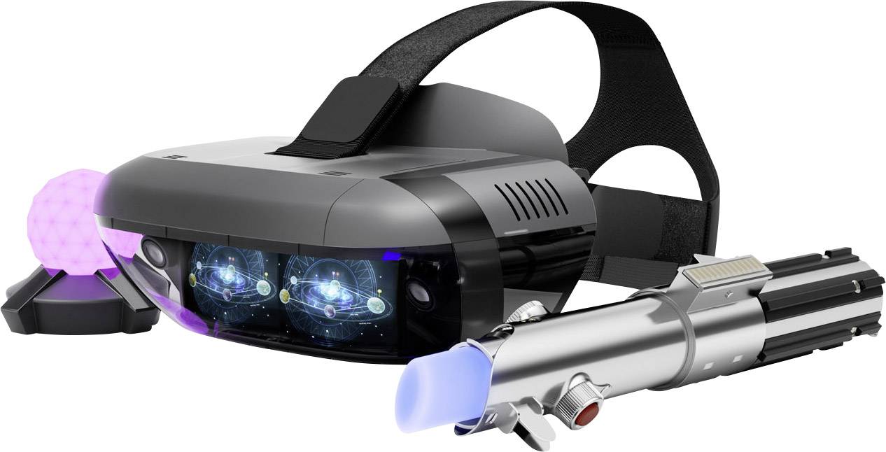 Lunettes de réalité virtuelle au design futuriste, avec des lentilles holographiques et une manette en forme de sabre laser.
