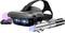 Lunettes de réalité virtuelle au design futuriste, avec des lentilles holographiques et une manette en forme de sabre laser.