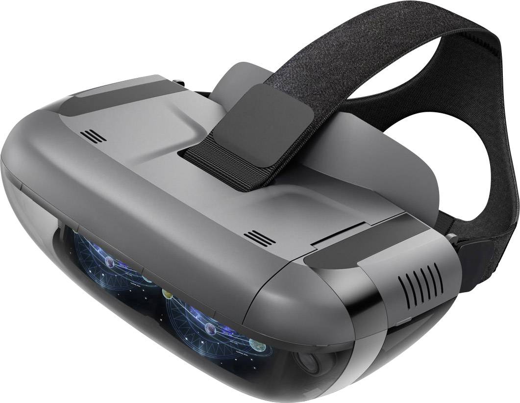 Casque de réalité virtuelle en plastique gris et noir, avec bandeau ajustable. Affiche des simulations tridimensionnelles sur des lentilles.