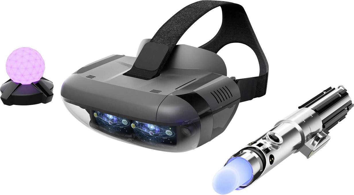 Casque de réalité virtuelle avec une baguette lumineuse et un ballon lumineux violet, utilisé pour des expériences de jeu immersives.