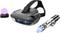 Casque de réalité virtuelle avec une baguette lumineuse et un ballon lumineux violet, utilisé pour des expériences de jeu immersives.