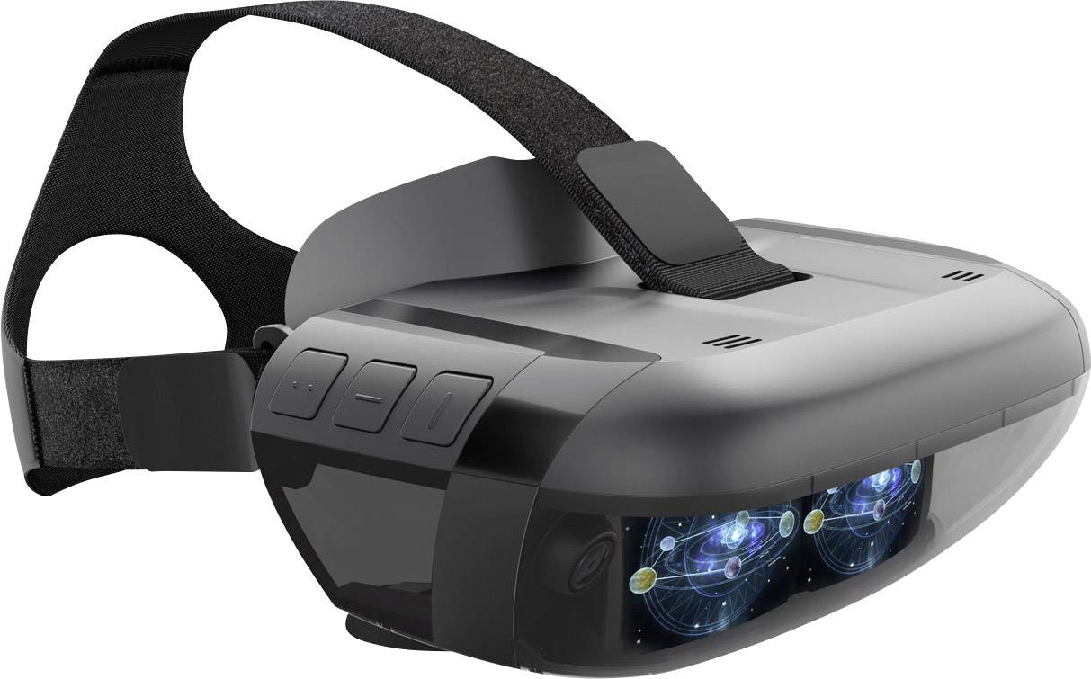 Un casque de réalité virtuelle noir avec une sangle élastique, des lentilles transparentes et plusieurs boutons sur le côté, représenté de droite.