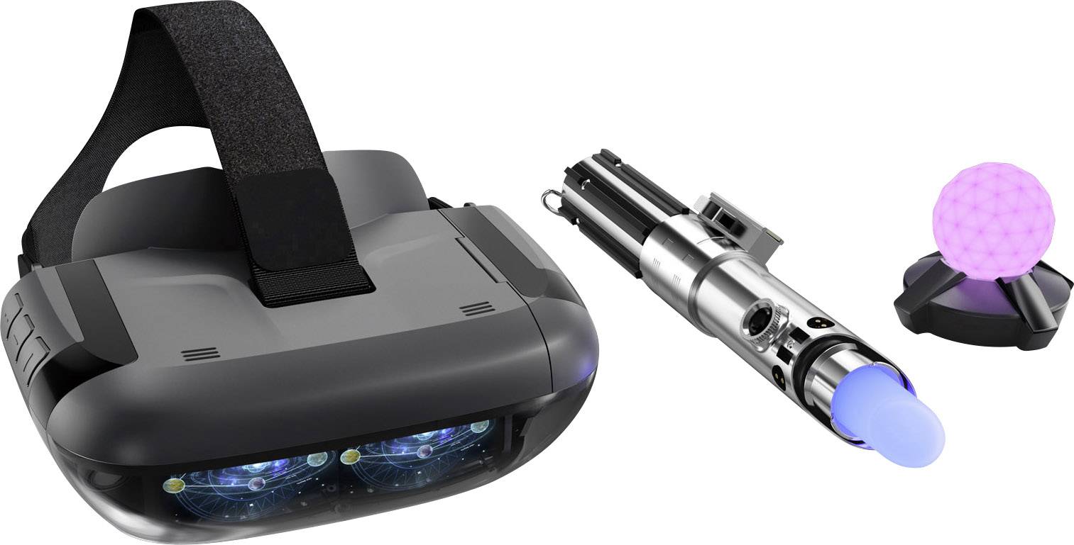 Ensemble de réalité virtuelle comprenant un casque, un sabre laser et un capteur. Utilisé pour des jeux interactifs, exploitant la réalité augmentée pour des expériences immersives.