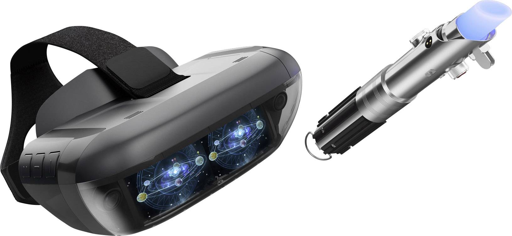 Casque de réalité virtuelle avec deux lentilles visibles côte à côte, à côté d'un sabre laser émettant un rayon lumineux bleu.