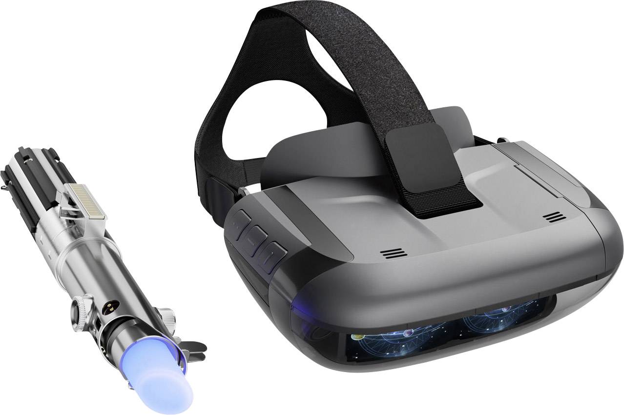 Casque de réalité virtuelle et objet futuriste avec une lumière bleue à son extrémité, sur fond blanc.