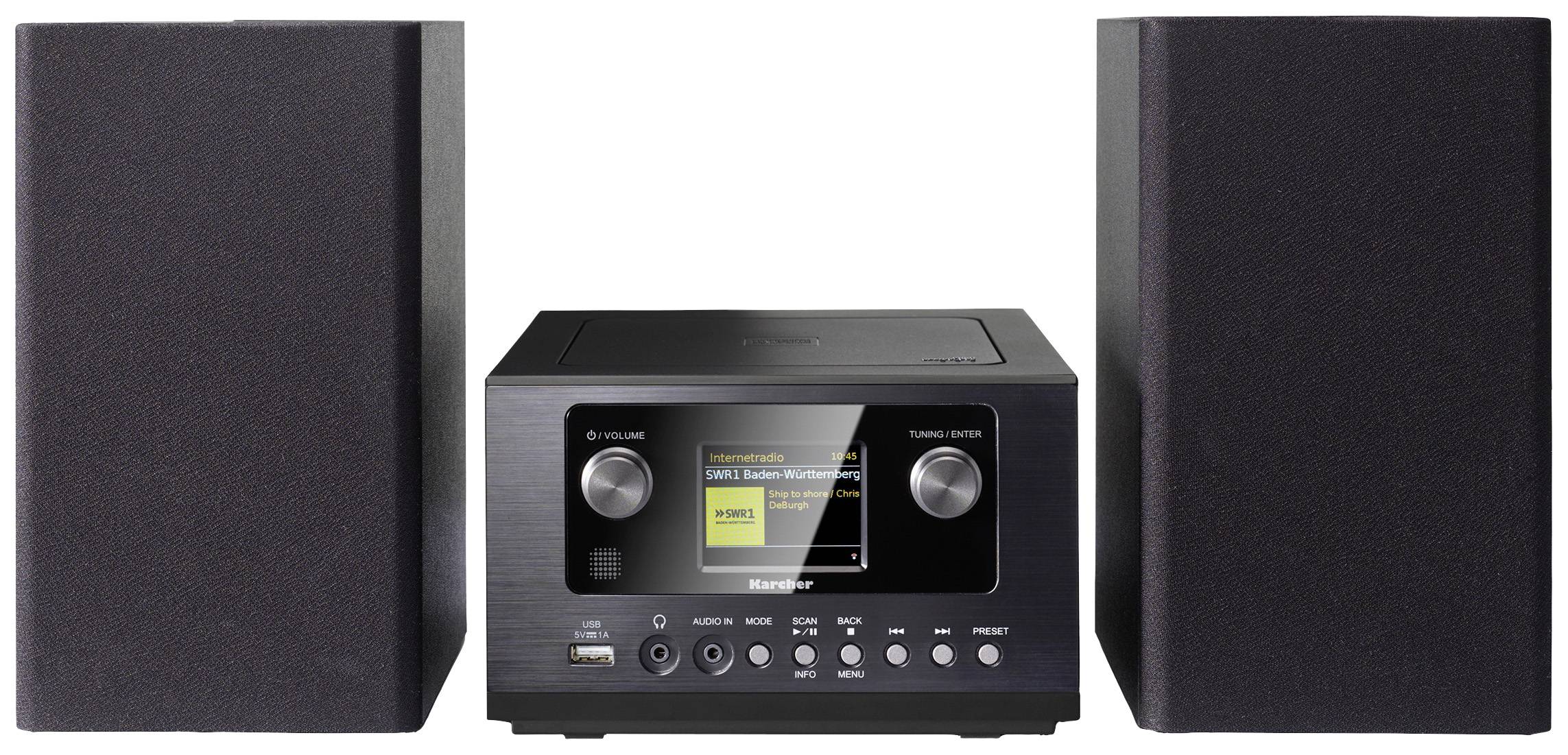 Une chaîne hi-fi stéréo noire avec deux enceintes et un panneau de commande central doté d'un écran affichant des informations musicales.