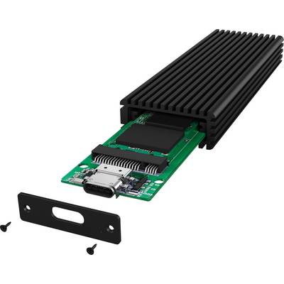 Un appareil électronique vert avec un dissipateur thermique noir et un couvercle métallique ouvert révèle une carte de circuit imprimé équipée d'un port USB-C.