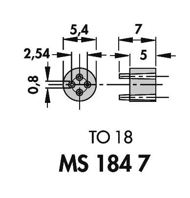 Dessin technique d'un composant cylindrique avec dimensions : diamètre 5,4 mm, longueur 7 mm, points de connexion. Indication 'MS 184 7'.
