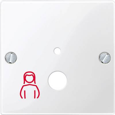 Plaque de commutateur avec vis ; en bas à gauche, dessin rouge d'une personne portant une cape.