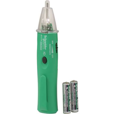 Testeur de tension vert de Schneider Electric avec indicateur de batterie, accompagné de deux piles AA, sur fond blanc.