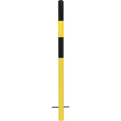 Poteau de signalisation jaune et noir, vertical, avec base rouge.