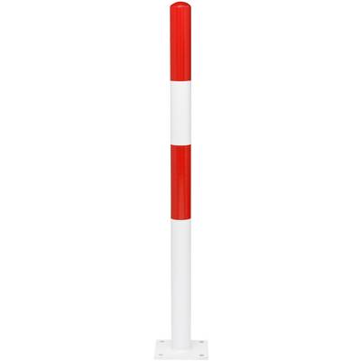 Un poteau de signalisation rouge et blanc, souvent utilisé pour guider la circulation ou sécuriser un périmètre. Il présente un design simple et vertical.