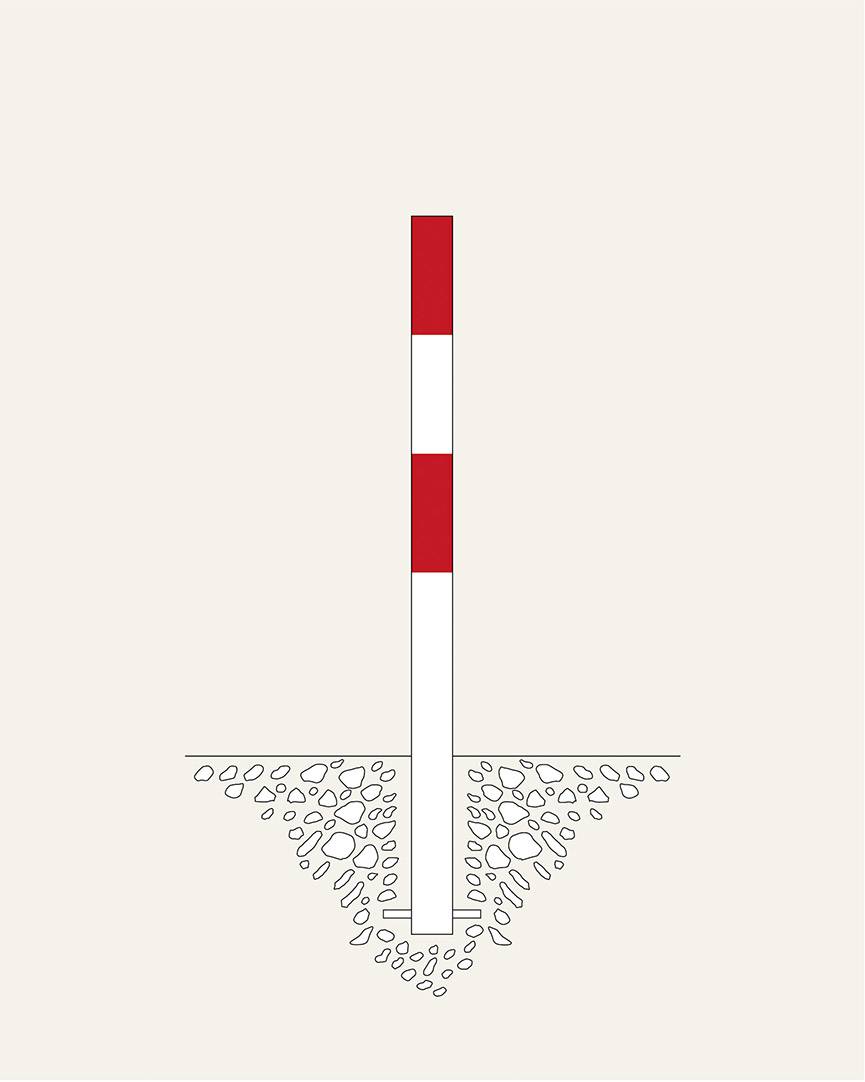 Illustration d'un poteau rouge et blanc ancré dans le sol, entouré de gravats.