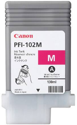 Cartouche d'encre Canon grise PFI-102M avec 'm' rose pour Magenta. Capacité : 130 ml, Fabriquée au Japon. Contient du texte en plusieurs langues.
