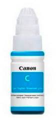 Petit flacon d'encre de la marque Canon avec une étiquette turquoise et un bouchon blanc.
