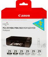 Emballage d'un multipack Canon contenant six cartouches d'encre : PGI-29 MBK/PBK/DGY/GY/LGY/CO. Image d'une imprimante sur la boîte.