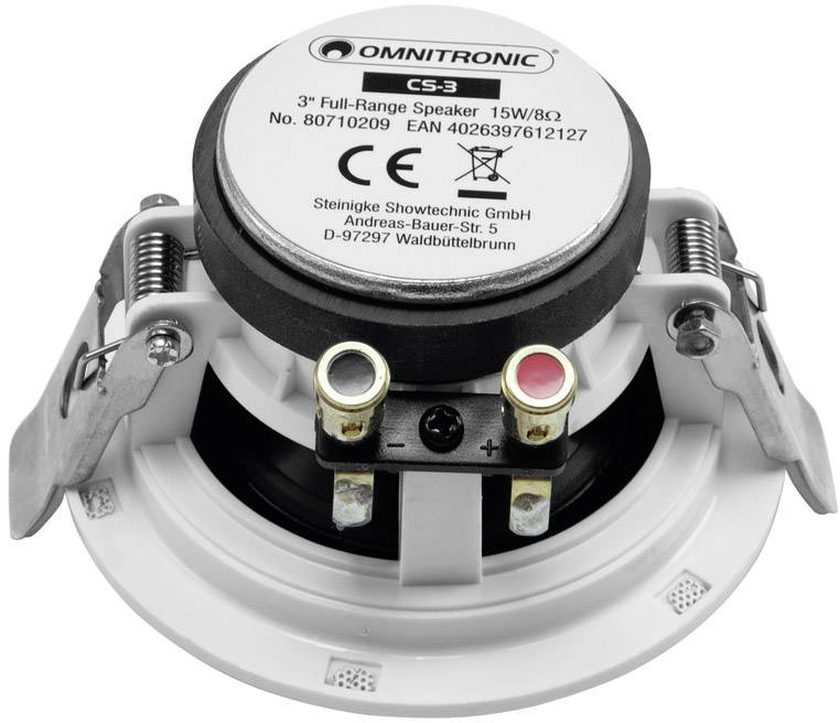 Haut-parleur Omnitronic, modèle CS-3, 15W/8Ω, montrant l'arrière avec les bornes de connexion et les informations du fabricant.