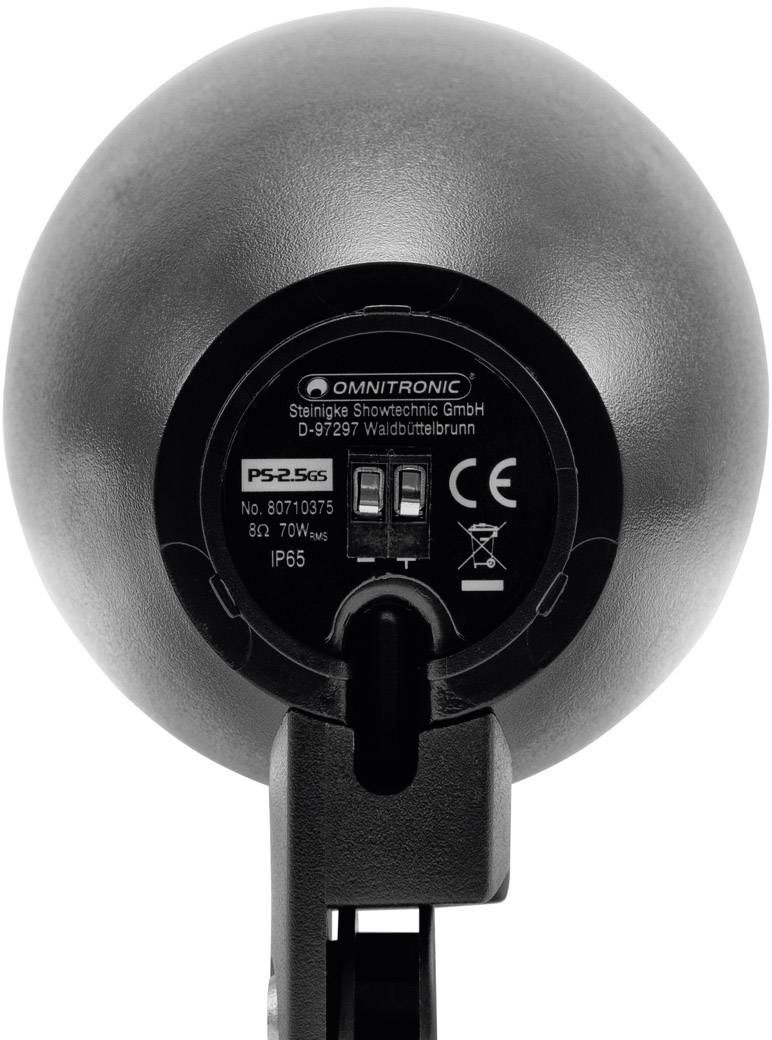 Boule d'enceinte noire ronde avec les informations du fabricant et les spécifications techniques au verso.