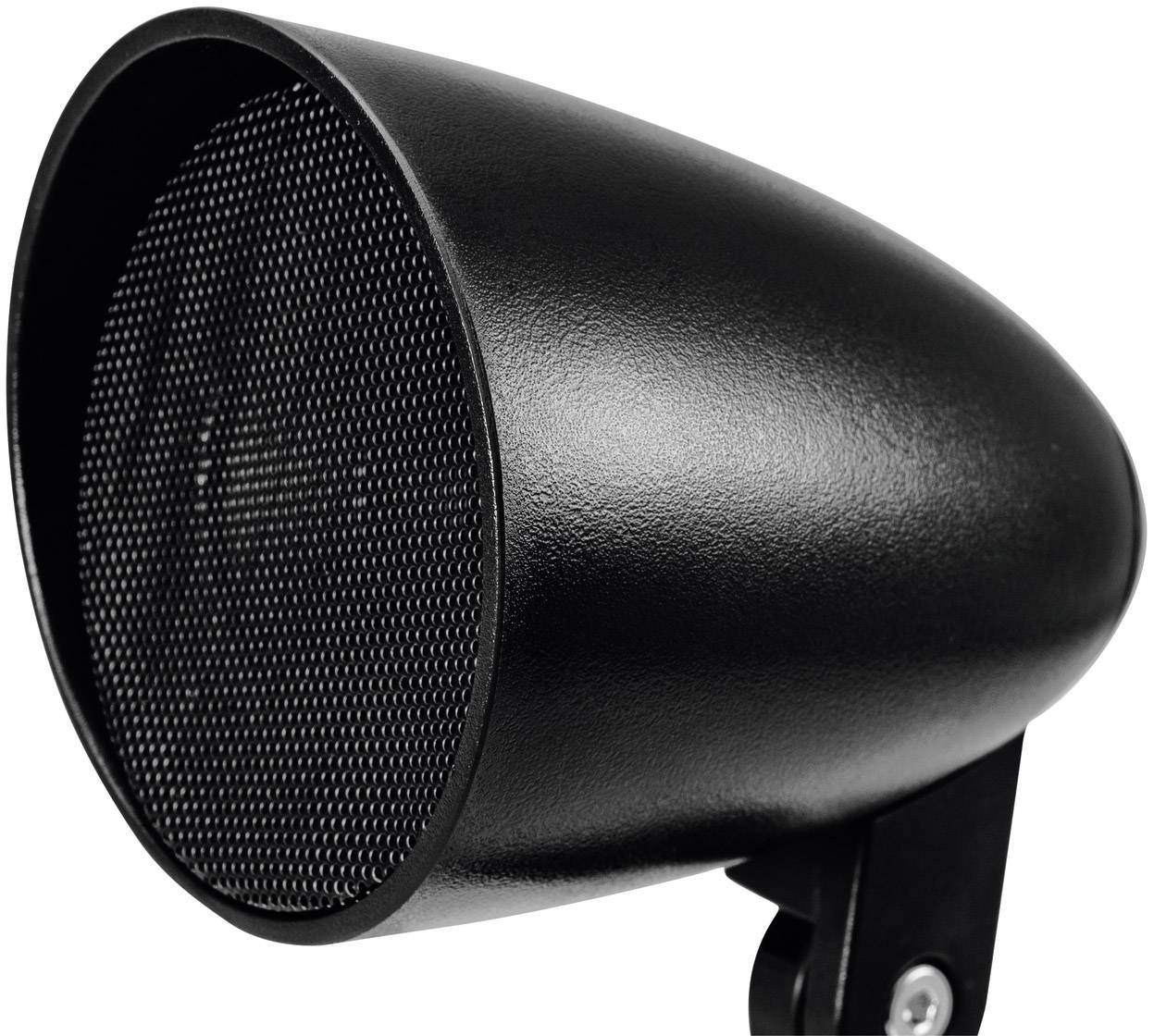 Haut-parleur noir, rond, en métal, légèrement incliné vers l'avant, avec une grille visible sur la face avant.