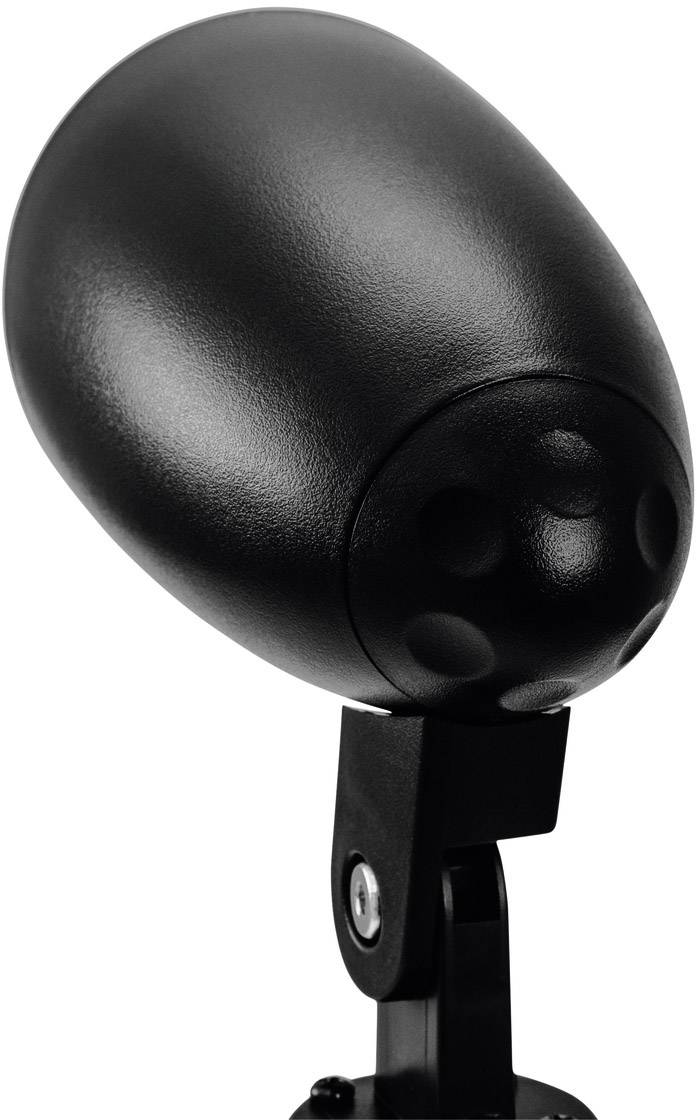 Microphone noir, de forme ovale, avec un brillant, monté sur un bras de support réglable, idéal pour des enregistrements audio précis en studio.
