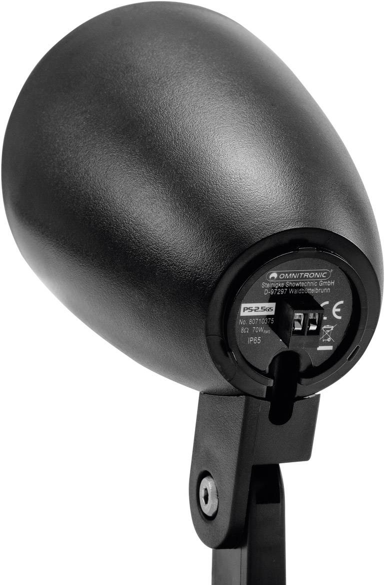 Un haut-parleur noir à forme ovale avec support mural, adapté pour l'installation dans des espaces publics ou commerciaux.