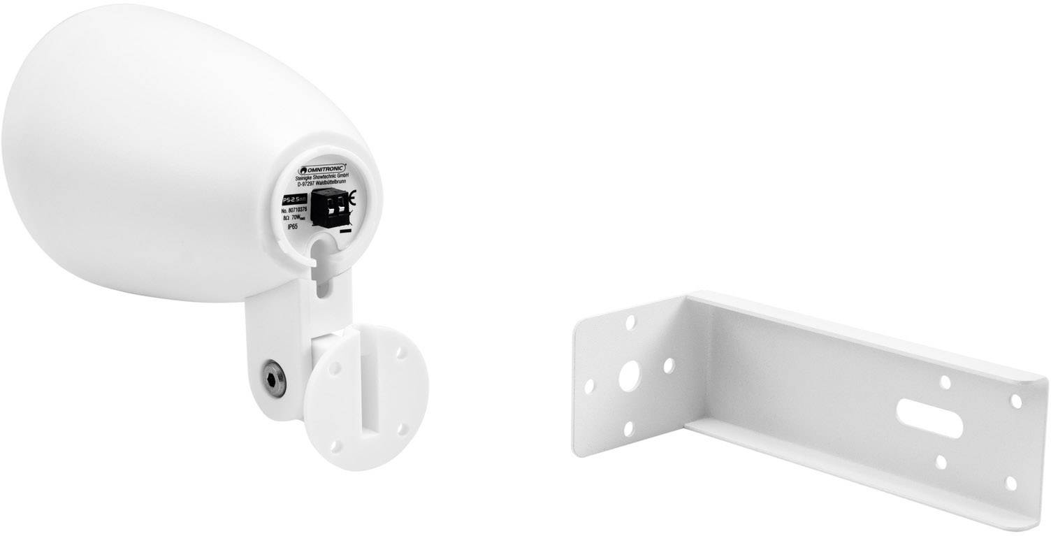 L'image montre une antenne extérieure blanche avec un support mural. L'antenne a une forme ovale et dispose d'une prise de connexion réseau à l'arrière.