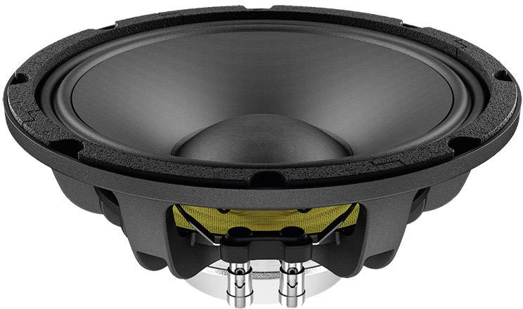 Un haut-parleur noir avec une partie de membrane jaune visible et des contacts argentés sur sa face inférieure.