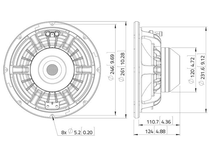Dessin technique d'un haut-parleur en vue de face et de profil. Comprend les dimensions et les détails de conception et de structure.