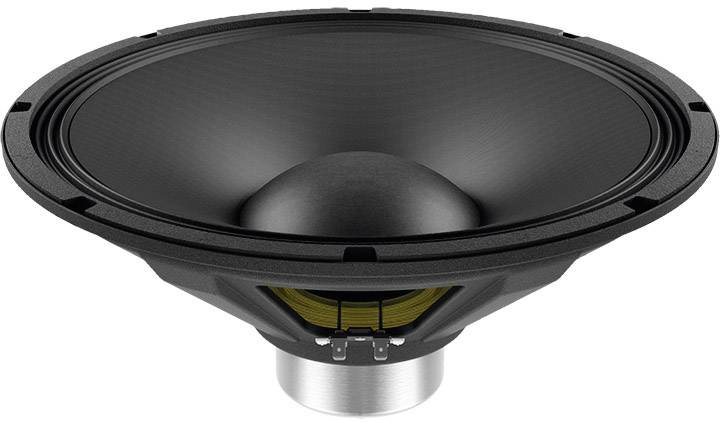 Un haut-parleur noir avec un cône et une membrane visibles, entouré d'un cadre métallique. Adapté aux systèmes audio ou musicaux.