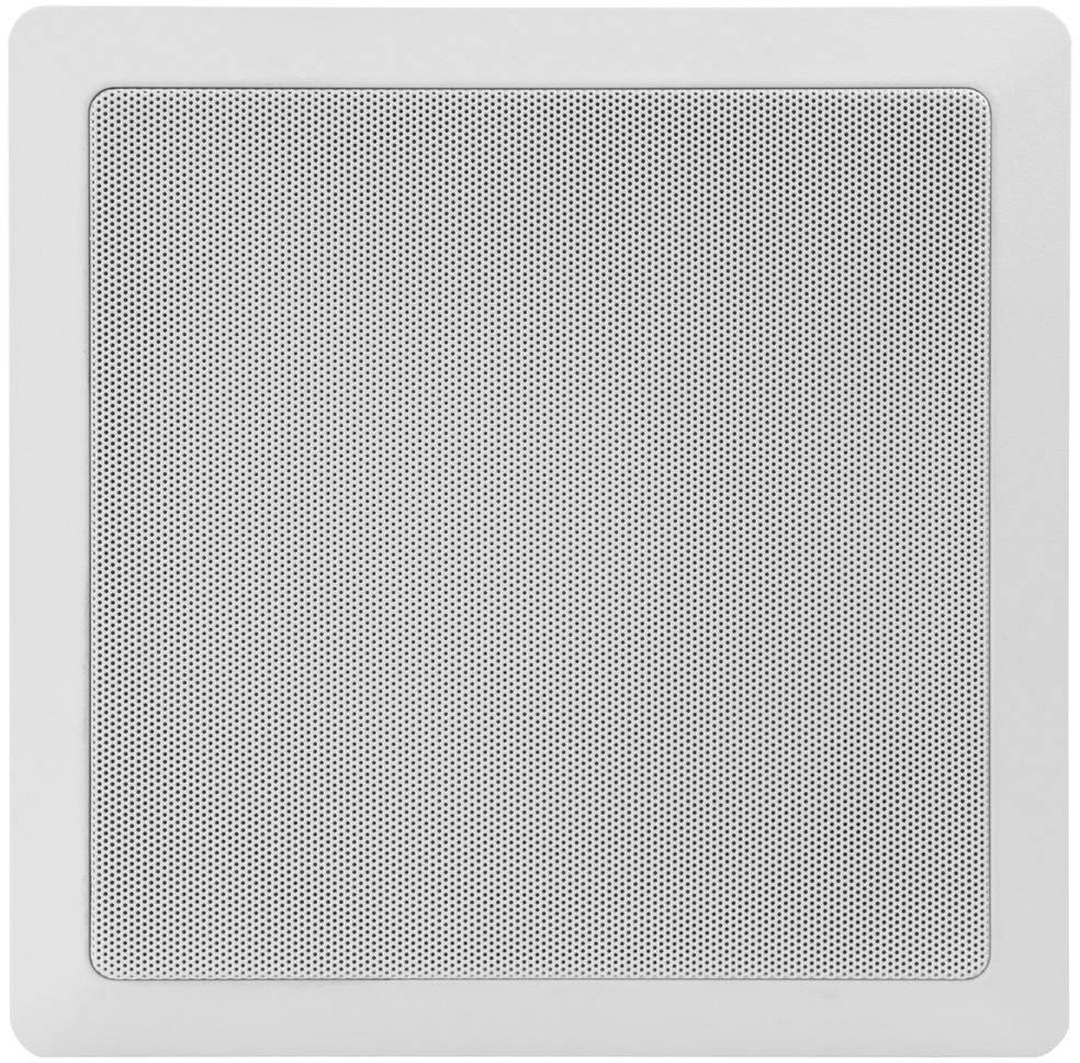 Haut-parleur blanc carré avec un fin motif quadrillé au centre. Adapté pour une installation murale ou au plafond.