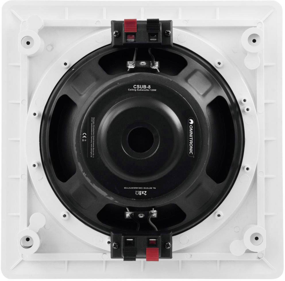 Un haut-parleur carré de grande taille en blanc avec une zone centrale de membrane noire et un mécanisme de fixation rouge.