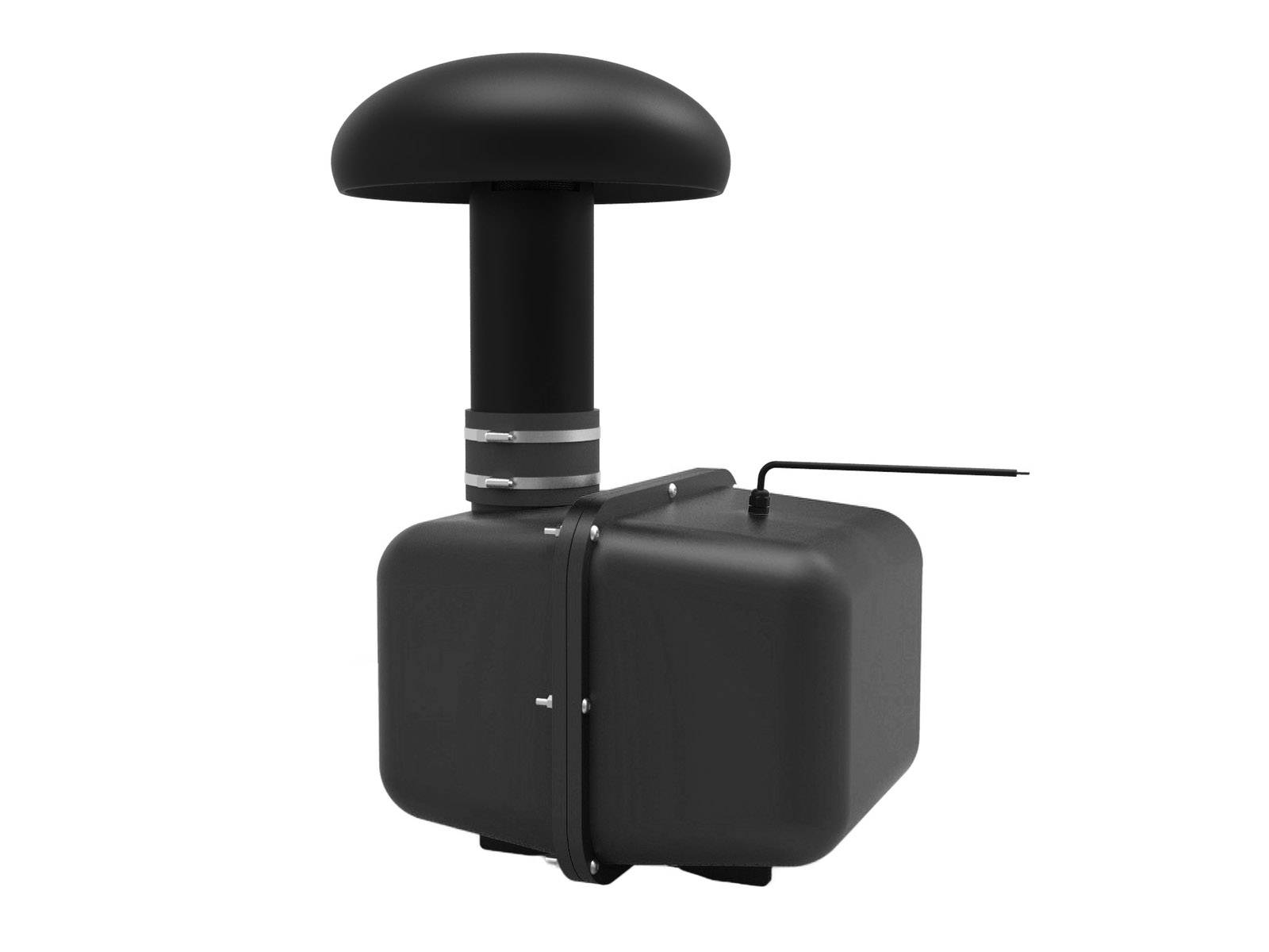 Capteur noir de type anémomètre avec tête en forme de champignon sur un boîtier rectangulaire, probablement destiné à la surveillance météorologique ou atmosphérique.