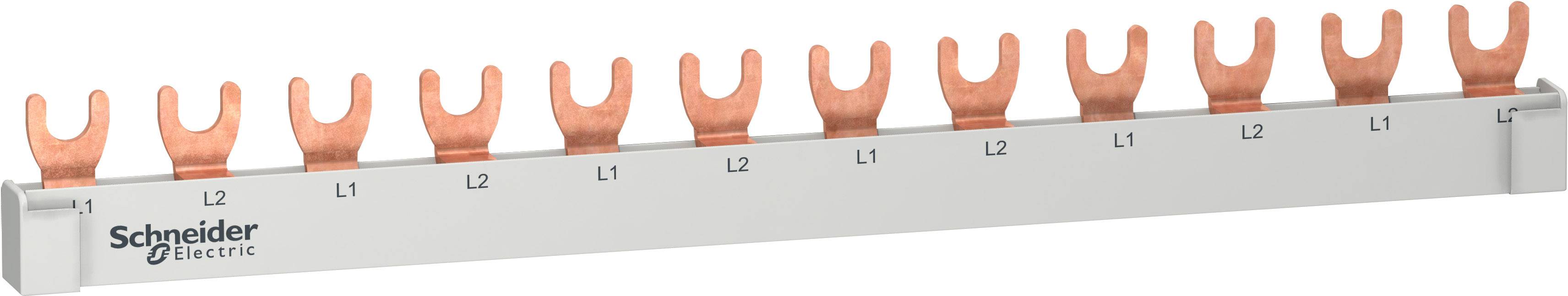 Une barrette de connexion en cuivre à onze broches, étiquetée 'L1', 'L2', 'L3', pour connexions électriques, de Schneider Electric.