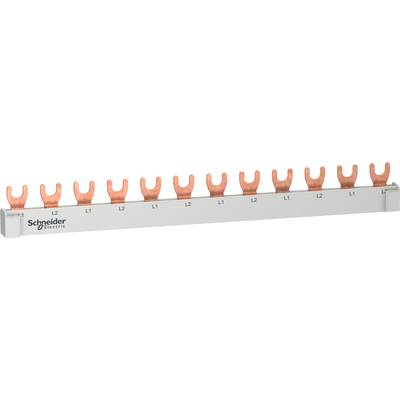 Une barrette de connexion en cuivre à onze broches, étiquetée 'L1', 'L2', 'L3', pour connexions électriques, de Schneider Electric.