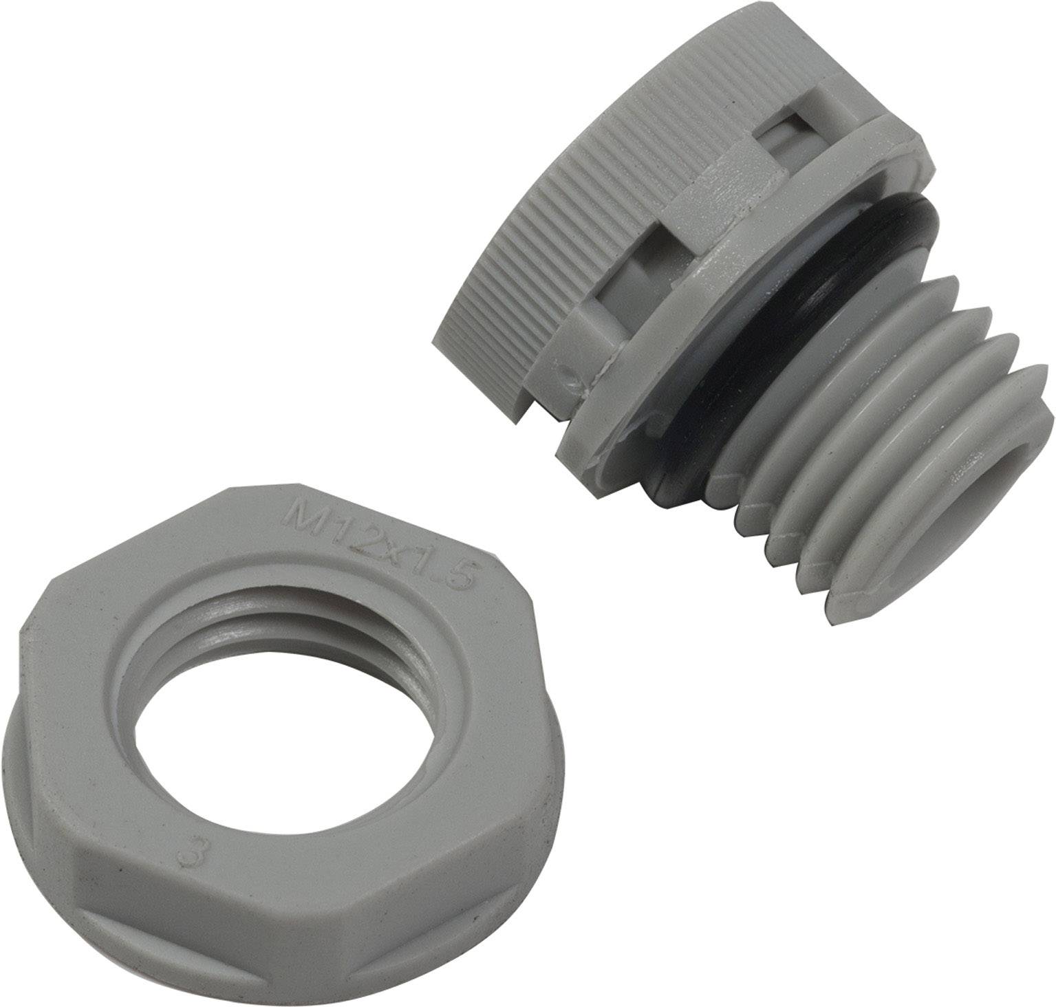 Ensemble de bouchons en plastique gris composé d'un bouchon fileté avec joint et d'un écrou hexagonal correspondant, tous deux filetés M12x1,5.