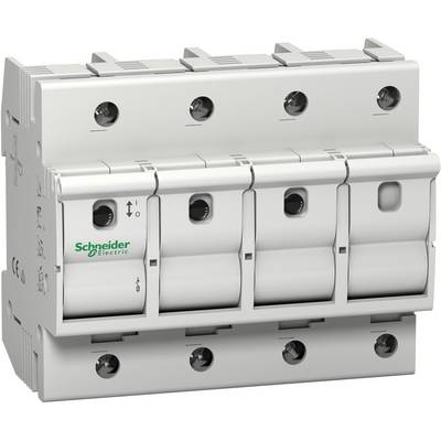 Un disjoncteur de protection de ligne blanc à quatre pôles de Schneider Electric. Adapté pour une utilisation dans les installations électriques de distribution.