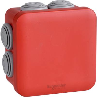 Boîte électrique rouge avec entrées latérales grises, adaptée pour l'installation de câbles. Marque : Schneider Electric.