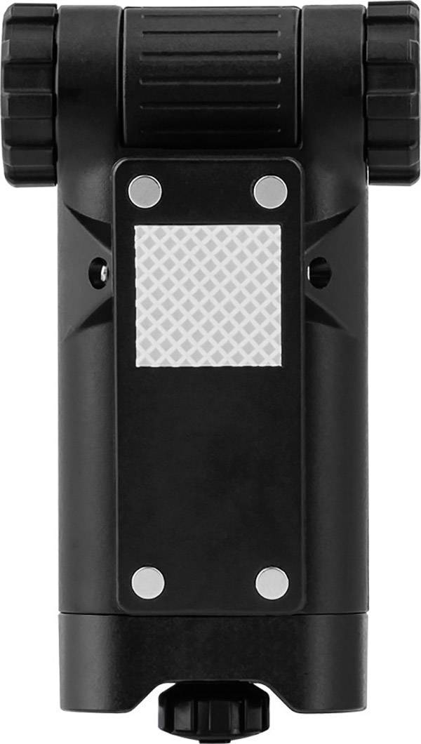 Un appareil noir avec une poignée striée et un rectangle réfléchissant au centre.