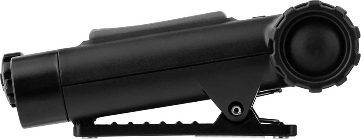 Un télescope noir à vision latérale, monté sur un support, montrant l'objectif frontal et les molettes de réglage.